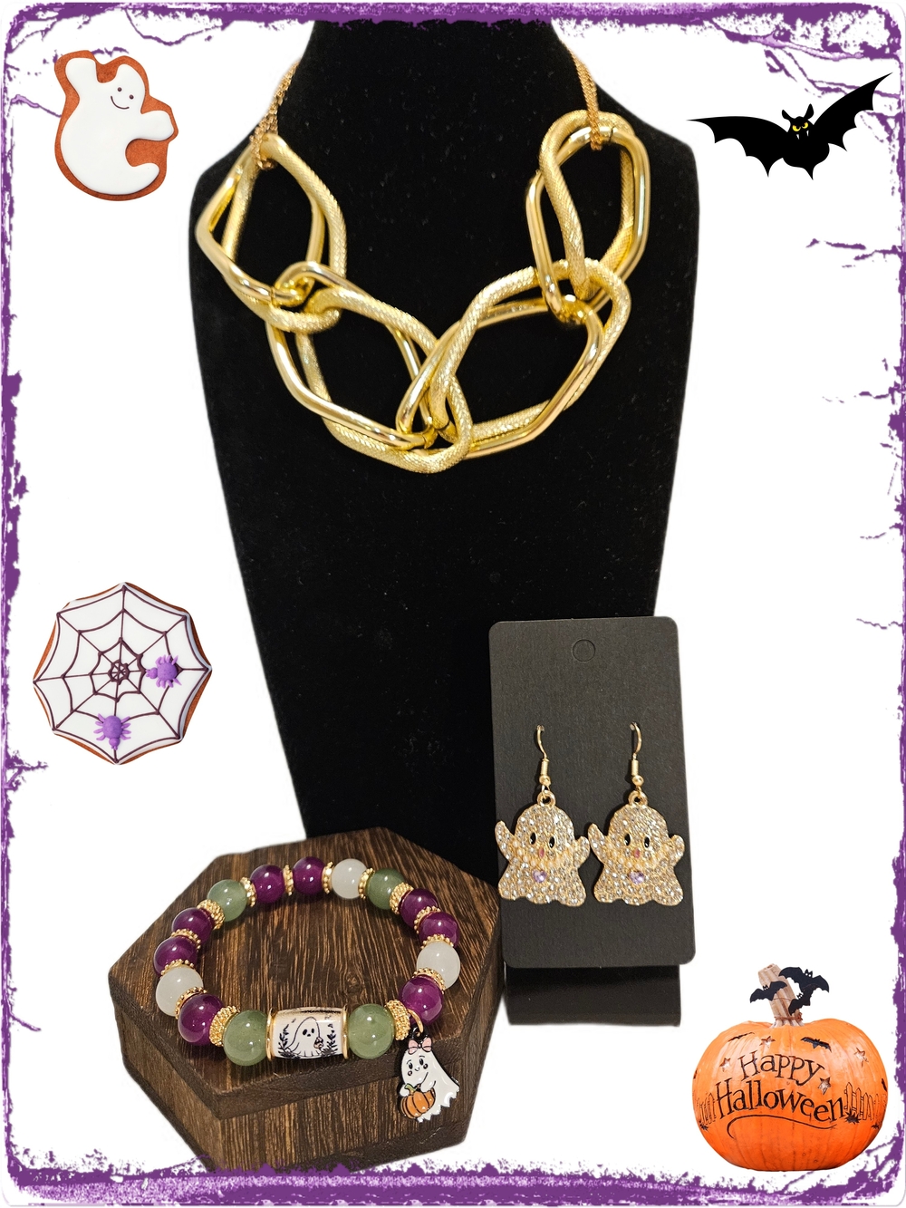 Halloween Gold Tone Jewelry Set Ghosts Purple Green White